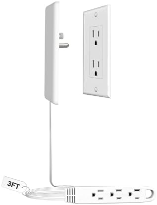 CABOCASA 3FT Flat Plug Extension Cord Power Strip 3 Outlets White Downward by CABOCASA