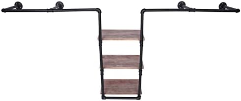 Wall-Mounted Clothing Rack, Industrial Pipe Clothing Rack with 3 Tiers Wood Shelf, Heavy Duty Rustic Garment Hanging Bar, 86.6"L X 37.4"W X 10.6"H Multi-Purpose Storage Rack for Home Clothing Store by Unknown