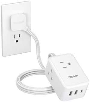 TESSAN Small Flat Plug Power Strip, Ultra Thin Extension Cord 5 ft, White by TESSAN