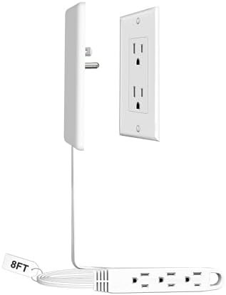 CABOCASA 8FT Flat Plug Extension Cord Power Strip 3 Outlets White Downward by CABOCASA