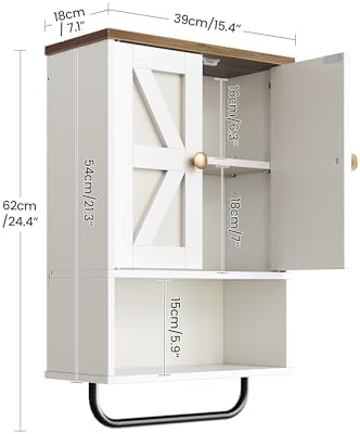 CHOEZON Bathroom Wall Cabinet, Medicine Cabinet with Open Partition and Towel Bar, Rustic Storage Cabinet with Open and Hidden Storage Space, for Bathroom, Living Room, Kitchen, White and Walnut - Image 3
