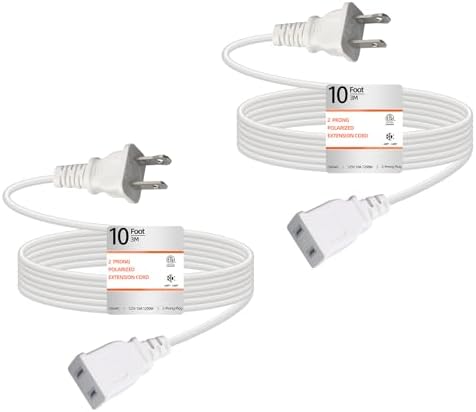 10FT White Lightweight Extension Cord 125V 10A ETL Listed (2 Pack) by UVTaoYuan