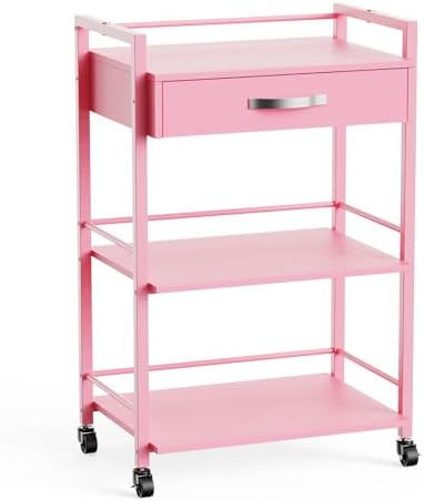 OmySalon Salon Trolley Cart with Wheels, Esthetician Cart with 1 Drawer & 2 Trays, Mobile Storage Organizer for Beauty Spa Massage Tattoo Esthetic Facial Tool Holder Station, Pink by OmySalon