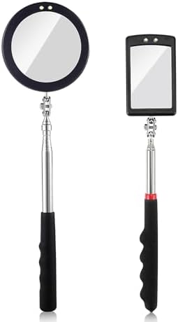 2 Pieces Telescoping Inspection Mirror LED Light Set with Large 3.75" Round Mirror, and 3.3" Square Mirror, Flexible 360 Swivel, for Inspection Viewing, Mechanic Checking, Observation by RechabiteMagneticTools