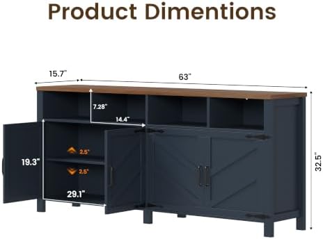 knoworld Buffet Sideboard with Storage Farmhouse, Large Kitchen Storage Cabinet Wood Coffee Bar Cabinet Buffet for Kitchen, Living Room, 63in, Blue - Image 2