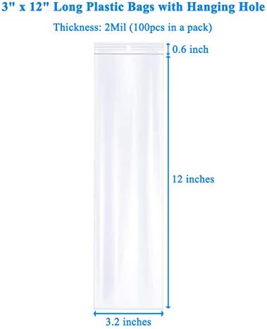 3" x 12" Long Plastic Bags with Hang Hole, 100 PCS, Clear Zipper Bag - Image 2