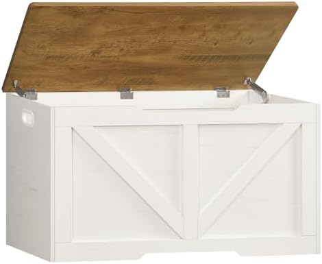 usikey 39.4" Storage Chest, Toy Box with 2 Safety Hinges, Lift Top Wooden Toy Chest, Storage Bench, for Living Room, Bedroom, Entryway, White+Honey Brown by USIKEY