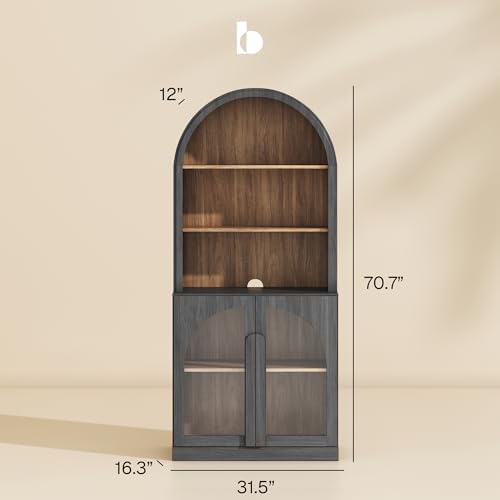 BELLEZE Arched Bookshelf with Glass Doors Set of 2, 71" Tall Wood Display Cabinet with Adjustable Shelf and Hutch, 5 Tier Modern Bookcase Shelf with Storage for Living Room Office, Ebony - Image 2