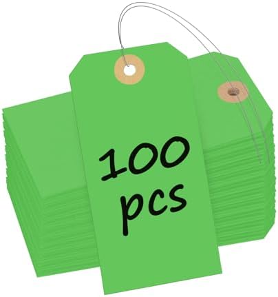 Uniclife 100 Pcs Green Blank Shipping Tags with Wire Attached 4.7 Inch Paper Tags Hang Tag with Reinforced Eyelet Large Marking Label Writable Price Inventory Label Tag, 4.7" x 2 3/8" by UnicLife