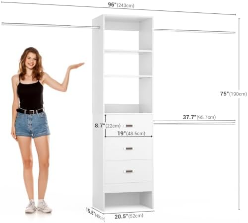 Besiost 96'' Closet Organizer System with 3 Hanging Rods, 8FT Closet Organizers and Storage with 3 Wooden Drawers, Built in Closet Organizer Systems, Adjustable Walk-in Wardrobe from 5-8FT, White - Image 7