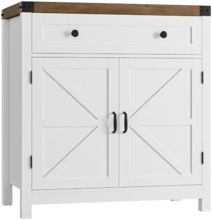 HOSTACK 31.5"W Kitchen Storage Cabinet, Farmhouse Coffee Bar Cabinet, White by HOSTACK