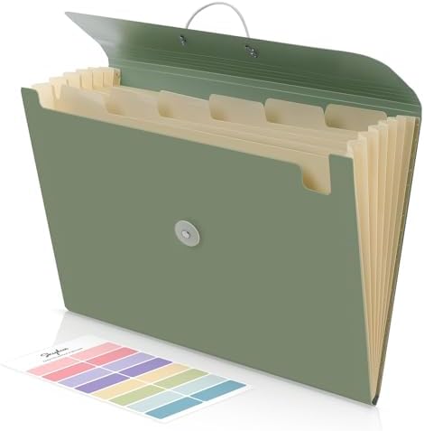 SKYDUE Accordion File Organizer, Expanding File Folder with 7 Pockets, Portable Receipt Paper Bill Document Organizer, Letter/A4 Size Filing Folder School Office Supplies, MossGreen by SKYDUE