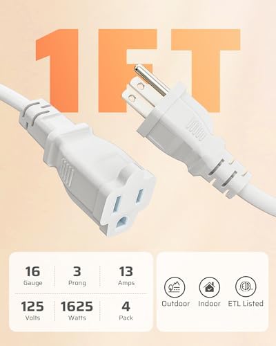 DEWENWILS Short Extension Cord 1FT, AWG16/3, White, UL Listed, 4 Pack - Image 6