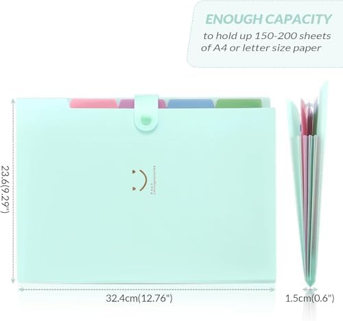 SKYDUE Expanding File Folder with 5 Pockets, Cute Accordion File Organizer, Letter Size Filing Folder, Portable Paper Receipt Organizer, School Office Supplies Green - Image 3
