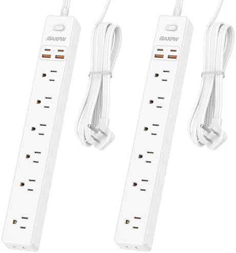 6 Ft Flat Plug Extension Cord Power Strip, 7 AC Outlets 4 USB(2C), 2 Pack by Maxpw