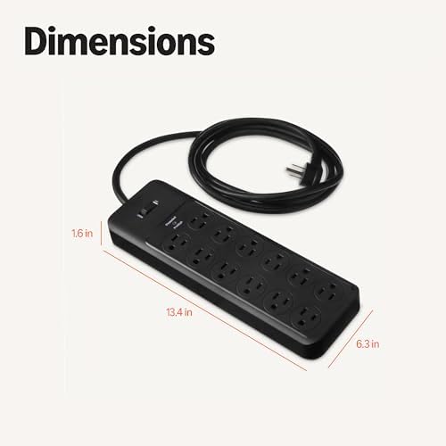 Amazon Basics 12-Outlet Surge Protector Power Strip, 4000 Joules, 8ft Extension Cord, Rectangle, for Home, Office, Gaming Room, Black (Pack of 2) - Image 5