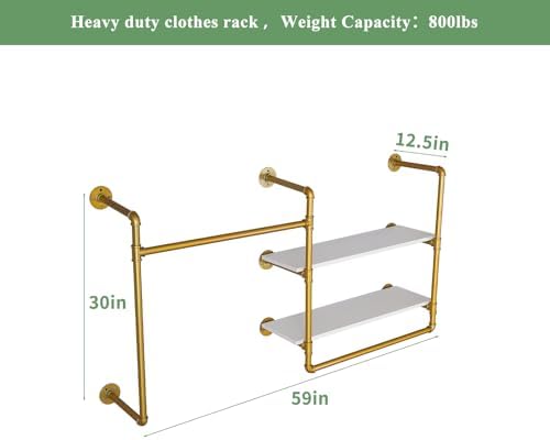Industrial Pipe Clothing Rack Wall Mounted with 2 Wood Shelves, Heavy Duty Double Rod Garment Rack for Bedroom, Laundry Room & Retail Store, Gold, 59 Inch - Image 3