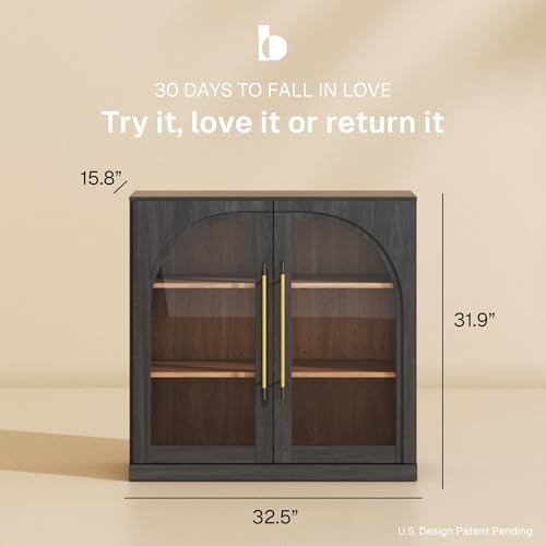 BELLEZE Modular Sideboard with Arched Glass Door, Accent Display Buffet Cabinet with Storage and Adjustable Shelves,Classic Modern Credenza for Living Room Kitchen Entryway (Ebony) - Image 2