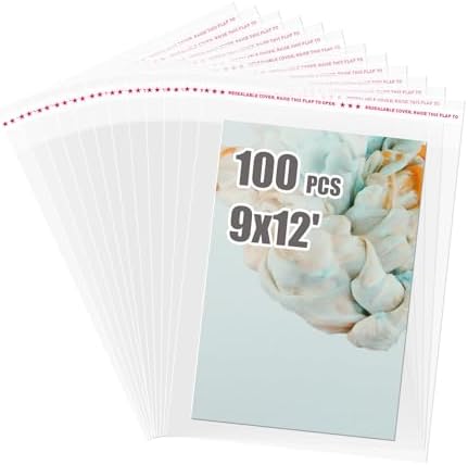 Egofine Self Sealing Cellophane Bags 100 PCS Clear Resealable Sleeves Bags for Gifts(Bag Size: 9.38x12.4 inches for 9x12 Mats) by Egofine