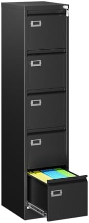 MIIIKO 5 Drawer File Cabinet, Black Vertical Filing Cabinets with Lock, Home Office File Folders Storage Cabinet for Letter Legal File Size. by MIIIKOOfficeFurniture