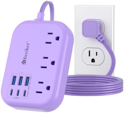 6 USB (3 USB C) Purple Travel Power Strip, 5Ft Extension Cord, 3 Outlets by Beeiker-BetterHelperforYou