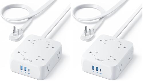 Anker Surge Protector Flat Plug Power Strip 2000J, 5ft Thin Extension Cord, 8 Outlets,2 USB A and 1 USB C Port,20W for iPhone15,Wall Mount,Compact for Home,Office,Room,TUV Listed (Pack of 2) by Anker