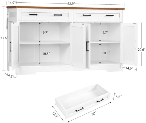 usikey 63" Buffet Cabinet with Storage, Large Sideboard Buffet Cabinet with 2 Adjustable Shelves and 4 Doors, Modern Farmhouse Coffee Bar for Kitchen, Living Room, White - Image 3