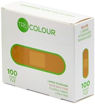 Tru-Colour Skin Tone Shade Fabric Bandages (100 Count) – Flexible, Waterproof, PFAS-Free Adhesive Strips Help Protect Cuts, Scrapes, Scratches – Olive, 1 in x 3 in by TruColour