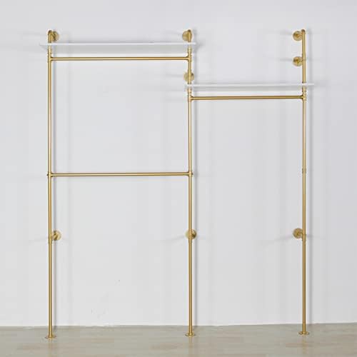 Industrial Pipe Clothing Rack Wall Mounted, Heavy Duty Hanging Clothes Rack Clothing Store Display Stands Garment Rack Closet System, 2 Tier Wood Garment Rack (Gold, 96.5x80.7inch) - Image 4