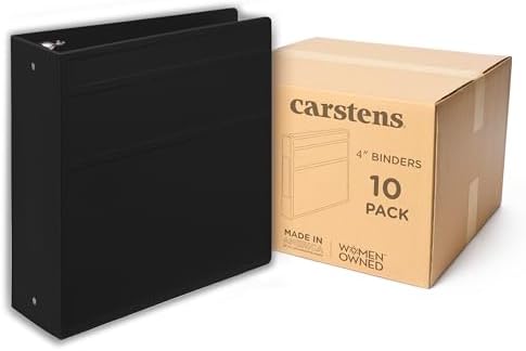 Carstens 4-Inch Heavy Duty 3-Ring Binder - Side Opening, Black, Durable Plastic, No-Gap Rings, Waterproof Cover, No Pockets, Holds 600 US Letter Sheets, BPA-Free, Made in USA (1845-3R), Case of 10 by Carstens