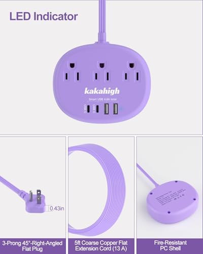 Purple Extension Cord - 10 FT Flat Power Strip - Image 3