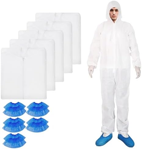 ETERNA Hazmat Suits- 5 Pack Disposable Protective Coveralls with Hood, Zipper, Elastic Wrists, Shoe Covers for Men & Women, Shield from Dirt, Dust, Paint (White, XXXX-Large) by ETERNA