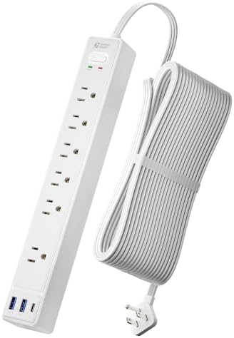 20Ft Long Extension Cord, SUPERDANNY Flat Plug Surge Protector Power Strip by SUPERDANNY