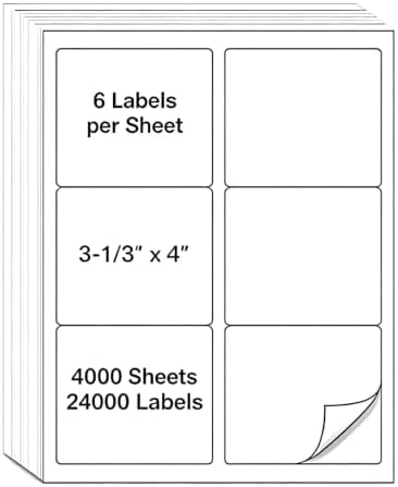 MPRT 4000 Sheets 3-1/3" x 4" Shipping Address Labels Printable Label Stickers Paper for Laser/Inkjet Printer 6 per Page Mailing Labels, FBA Box Labels - Matte, 24000 Labels by Unknown