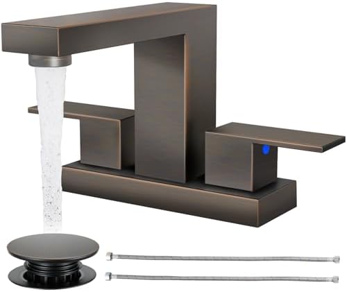 Cobbe Bathroom Faucets for Sink 3 Hole, Oil Rubbed Bronze Bathroom Sink Faucet Square 4 Inch Centerset with Pop-Up Drain, 2 Handle and 2 Supply Hoses, Lead-Free Stainless Steel for Vanity Rv by Cobbe