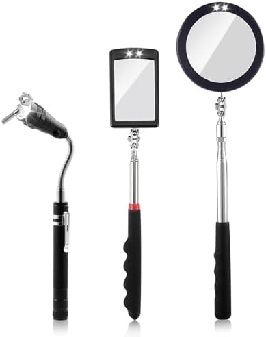 3 Pack Telescoping Inspection Mirrors LED Light & Magnet Flashlight Pickup Tool Set, Large 3.75" Round, 3.3" Square Mirror, for Inspection Viewing, Mechanic Checking, Observation by RechabiteMagneticTools
