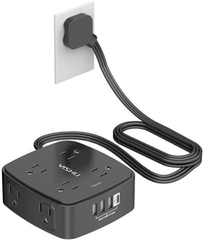6 Ft Surge Protector Power Strip - YISHU 8 Widely Outlets with 4 USB Ports, 3 Side Outlet Extender with 6 Feet Flat Extension Cord, Ultra Flat Plug, Wall Mount, Desk USB Charging Station, ETL, Black by YISHU