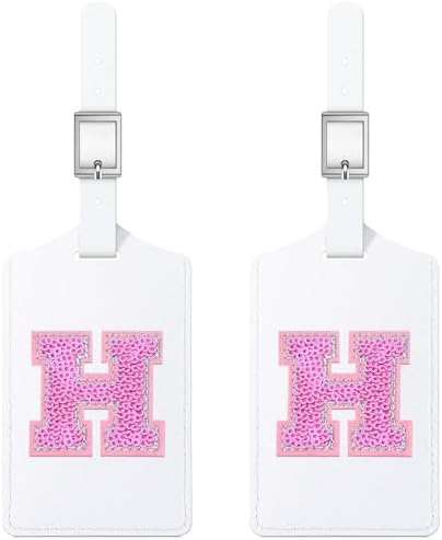 Sodsay 2 PCS Initial Luggage Tag, Luggage Tags for Suitcases Cute Sequin Letter PU Leather Travel Bag Baggage Tags Privacy Cover ID Label for Women Kids Teens Men(H, White Leather+Hot Pink Letter) by Sodsay