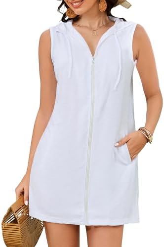 Bsubseach Women Terry Cloth Swim Cover Up Sleeveless Zipper Beach Robe by Bsubseach