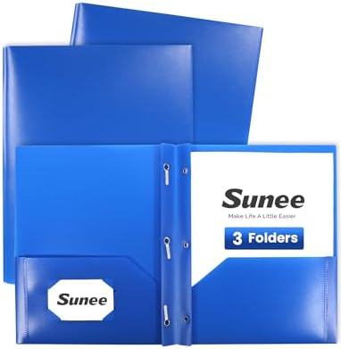 SUNEE 3 Pack Blue Plastic Folders with Pockets and Prongs, Letter Size, 9 x 11.5 in by SUNEE