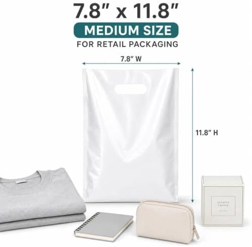 ysmile Plastic Shopping Bag for Small Business Store Retail Bag Die Cut Poly with Handle Goods Gift Wrapping 100 ct 7.8"x11.8" Extra Thick 2.5 Mil - White - Image 2