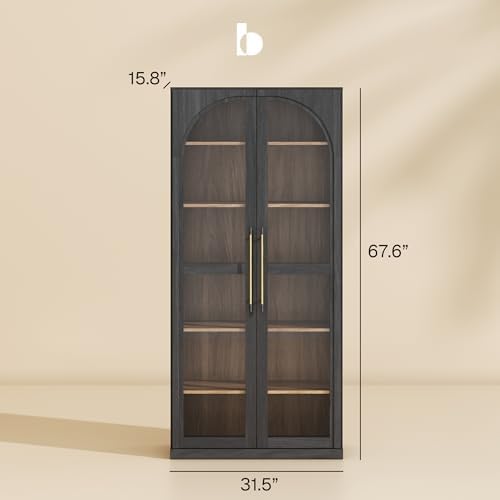 BELLEZE Modern Wood Wine Curio Cabinets with 4 Adjustable Shelves. 67" Storage Cabinet, 6 Shelf Glass Bookshelf Display Cabinet, Trophy Display Case for Living Room, Wine, Ebony - Image 2