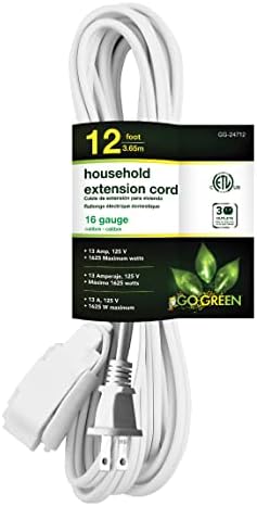 GoGreen Power (GG-24712) 16/2 12' Household Extension Cord, 3 Outlets, White, 12 ft by PowerByGoGreen