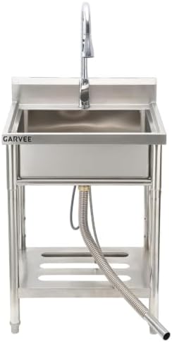 GarveeTech 24x21x36 in Stainless Steel Sink, Freestanding Utility Basin Workstation, Single Deep Bowl Wash Basin - Hot & Cold Brass Pull-Out Faucet - Backsplash, Storage Shelf, Drain Kit by GarveeTech
