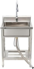 GarveeTech 24x21x36 in Stainless Steel Sink, Freestanding Utility Basin Workstation, Single Deep Bowl Wash Basin - Hot & Cold Brass Pull-Out Faucet - Backsplash, Storage Shelf, Drain Kit by GarveeTech