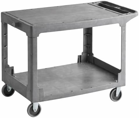 Commercial Gray Heavy Duty 2-Shelf Utility Cart with Flat Top Work Surface and Built-in Tool Compartment, 550lb. Capacity, 5" Casters, 44" x 25 1/4" x 32 1/4" - Perfect for Restaurant, Warehouse by Krollen+Industrial