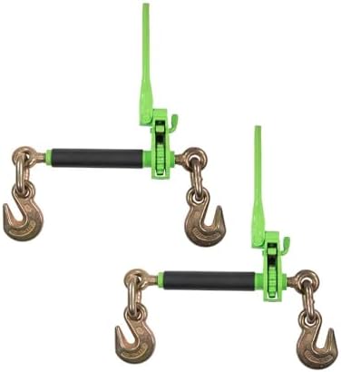 2 Pack 3/8"-1/2" Hi-Viz Green Heavy Duty Folding Handle Ratchet Load Binder w/Grab Hook 12,000 lbs WLL | Tie Down Hauling Chain Binders for Flatbed Truck Trailer by MyteeProducts