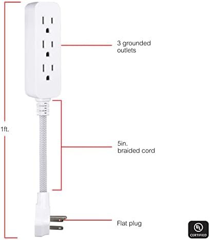 GE 3-Outlet Power Strip 5 Inch Braided Extension Cord with Multiple Outlets Grounded Flat Plug ETL Listed White 45190 (Pack of 12) - Image 2