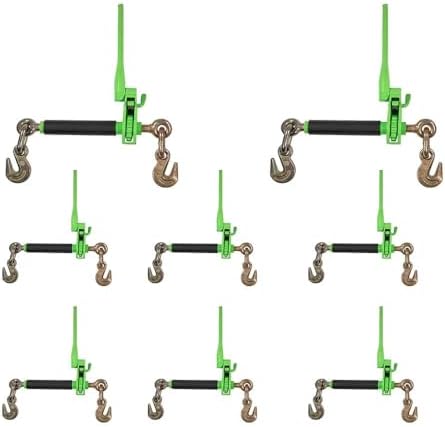 8 Pack 5/16" - 3/8" Hi-Viz Green Heavy Duty Folding Handle Ratchet Load Binder w/Grab Hook 7,100 lbs WLL | Tie Down Hauling Chain Binders for Flatbed Truck Trailer by MyteeProducts