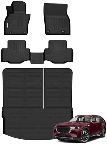 GINOWY-Floor Mats & Cargo Liner Set for Mazda 2024 2025 2026 CX-90 & CX90 PHEV (Fit for 7 & 8 Seats), TPE All Weather Mats Floor Liners Waterproof Trunk Mat Car Accessories CX90 by GINOWY